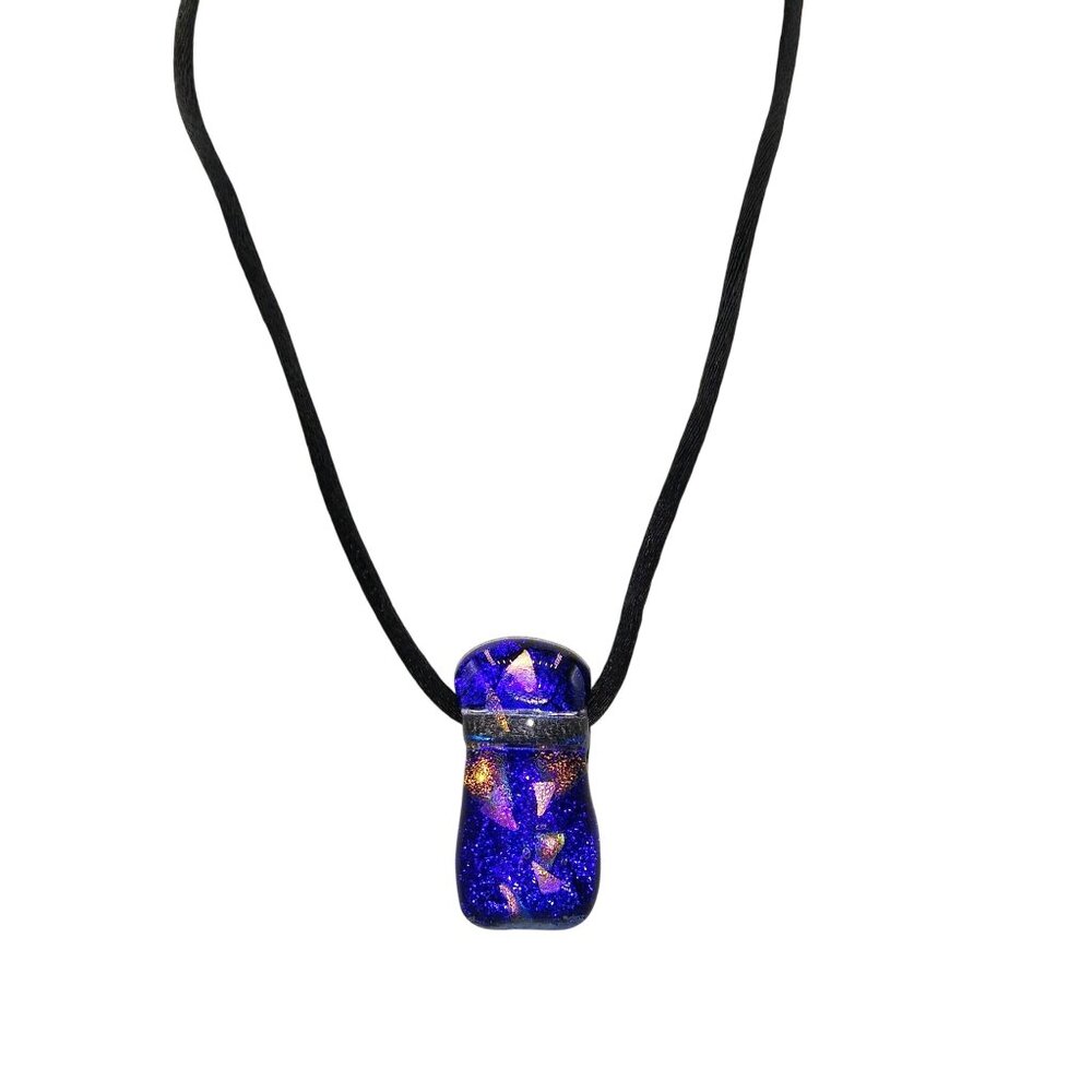 Dichroic Art Glass Modernist Pendant on Black Satin Cord, Beautiful Vintage Neck